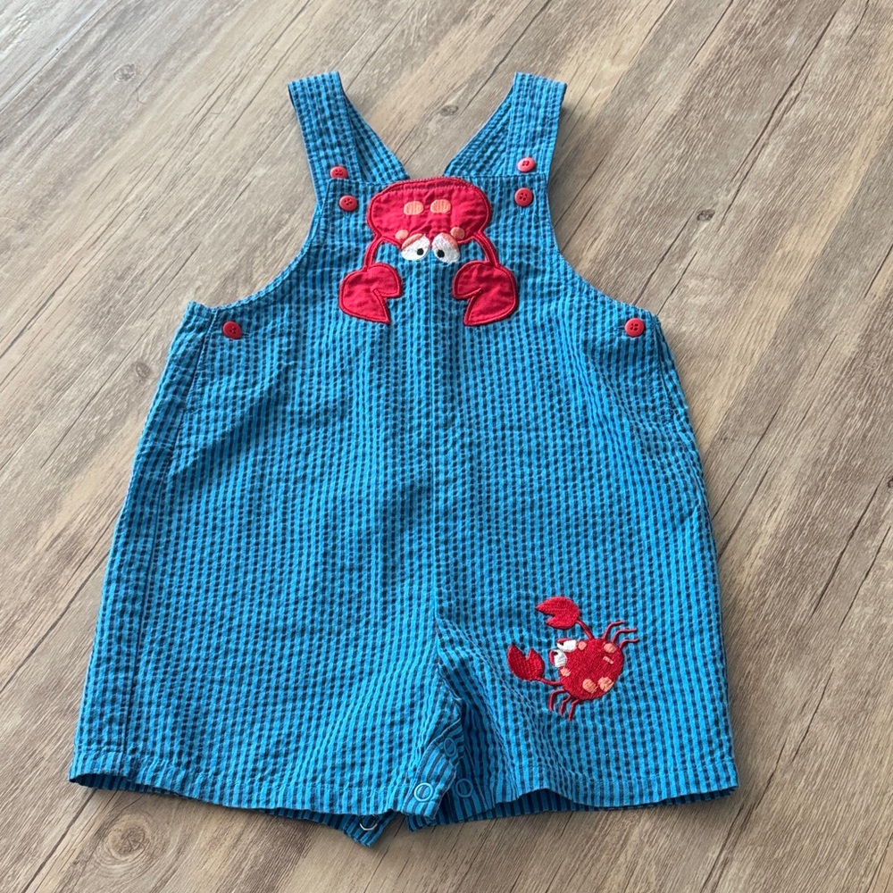 Blue seersucker overalls with crab detail